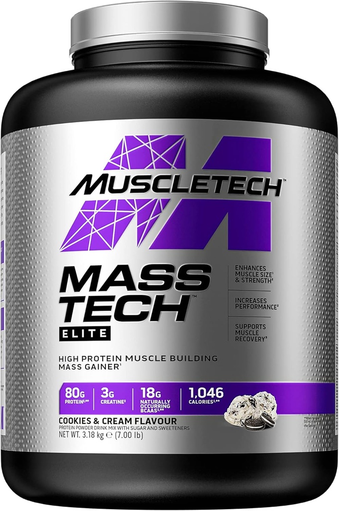 Mass Gainer Protéines Poudre MuscleTech Mass-Tech Mass Gainer Protéines Poudre + Muscle Builder Protéines Poudre Suppléments Créatine Cookies et Crème, 7 lbs (Package May Vary)