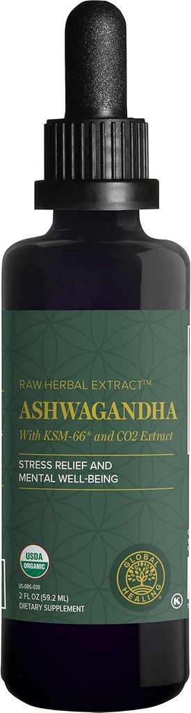 Global Healing Center - Suppléments d'Ashwagandha bio gouttes - KSM-66 Ashwagandha Extra Strength pour les hommes et les femmes, aide à promouvoir le soulagement du stress, le soutien de l'humeur, organique (2 Fl Oz)
