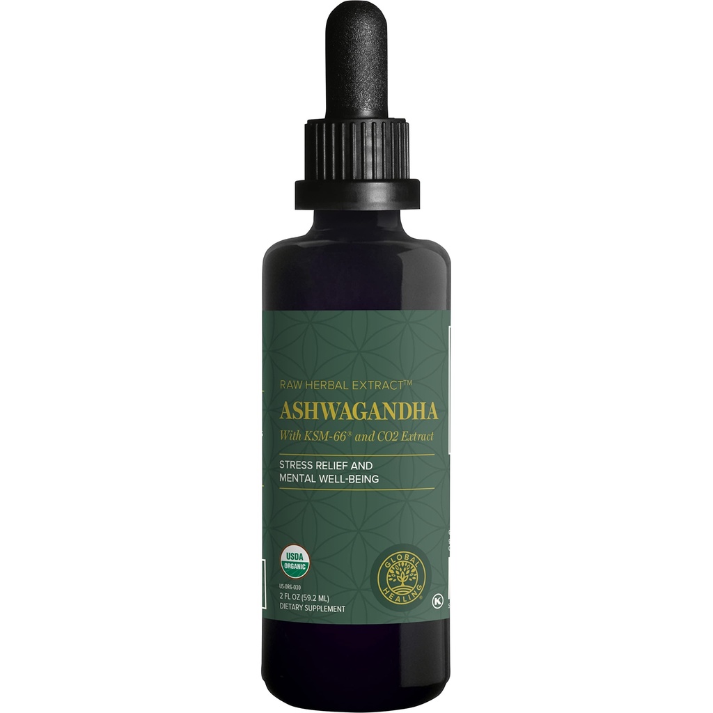 Global Healing Center - Suppléments d'Ashwagandha bio gouttes - KSM-66 Ashwagandha Extra Strength pour les hommes et les femmes, aide à promouvoir le soulagement du stress, le soutien de l'humeur, organique (2 Fl Oz)