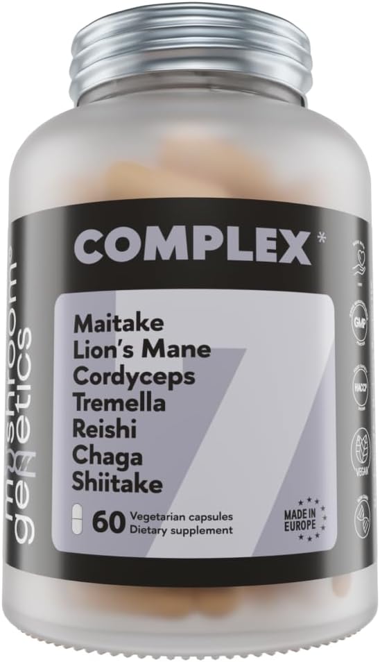 Complexe 7 - Biologique Reishi, Lions Mane, Cordyceps, Shiitake, Chaga, Maitake & Tremella pour Immune Support, Focus et Energie