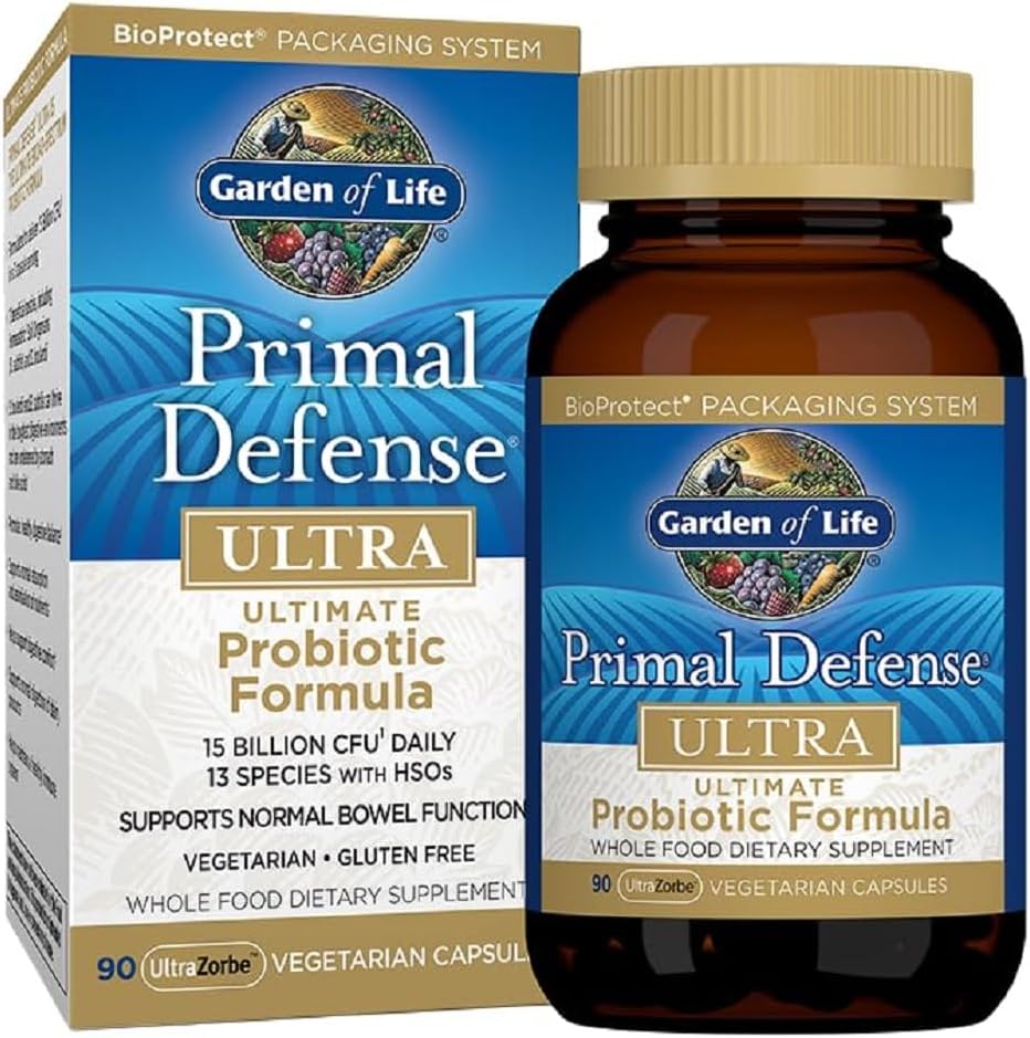 Jardin de la vie Probiotiques pour l'équilibre digestif de la santé, Primal Defense Ultra Ultimate Formule, 15 Million CFU et 13 Strains Plus HSO, Végétarien et sans gluten, 90 Capsules