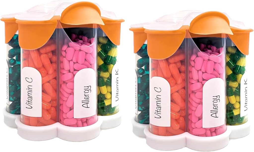 Extra Large Pill Organizer Daily, Weekly, Monthly Supplément Bouteille, Distributeur de pilules Mignon avec 7 Compartiments XL (2 Pack Combo) (Orange 2 Pack)