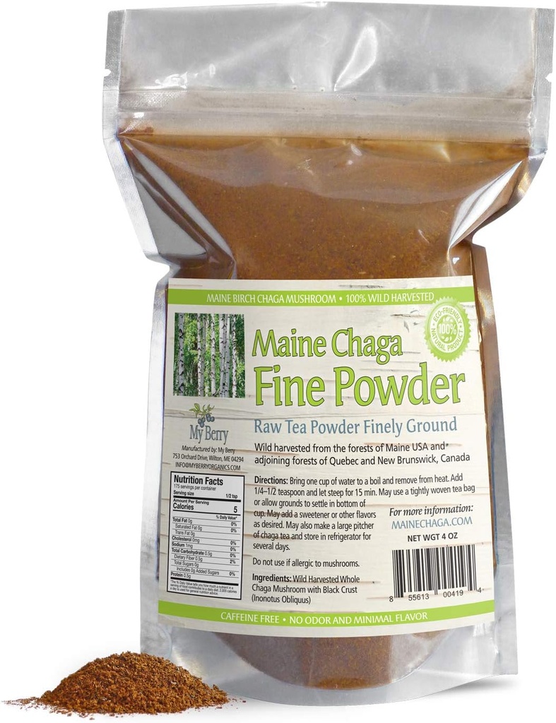 Maine Chaga Tea Fine Mushroom Powder |100% Wild-Harvested in Maine & Atlantic Canada | Not an Extract but Whole Raw Powder | 4oz