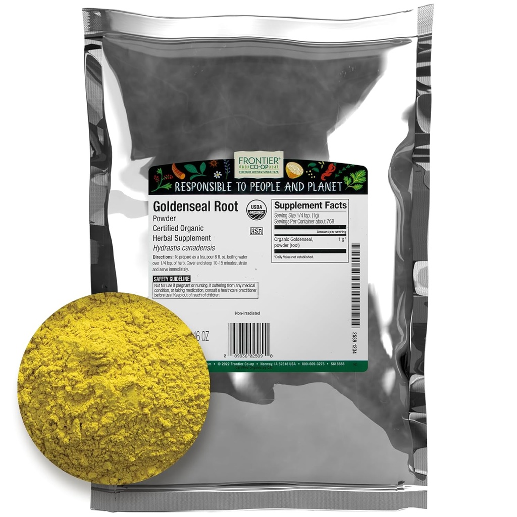 Frontier Co-op en poudre de racine de seau d'or biologique, 1/4 lb - Terreux, racine amère à base de plantes avec couleur jaune vif pour les recettes de thé et de teinture - 4 oz