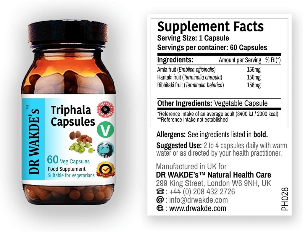 DR WAKDE'S Triphala Capsules (60 Veg Caps, supplément à base de plantes, Herbe ayurvédique, tout naturel, végétalien)