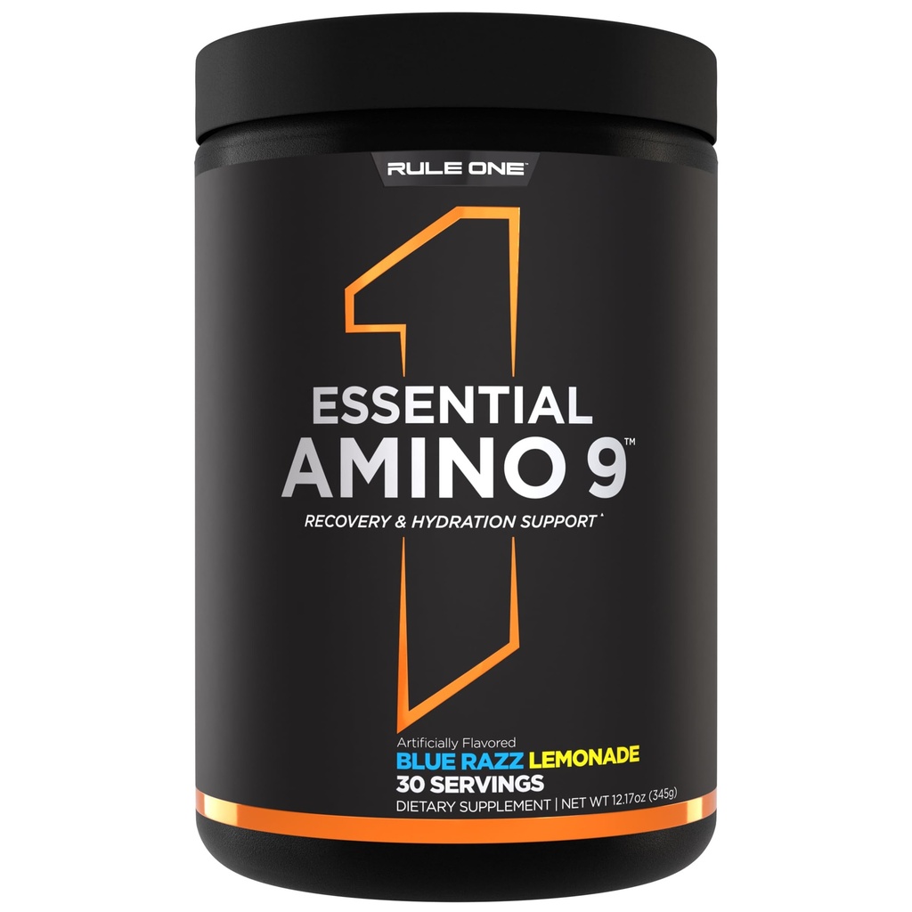Règle 1 Amino essentiel 9 – Soutien de récupération et d'hydratation avec 7,5 g d'acides aminés essentiels + électrolytes (30 portions, lémonade Razz bleu)