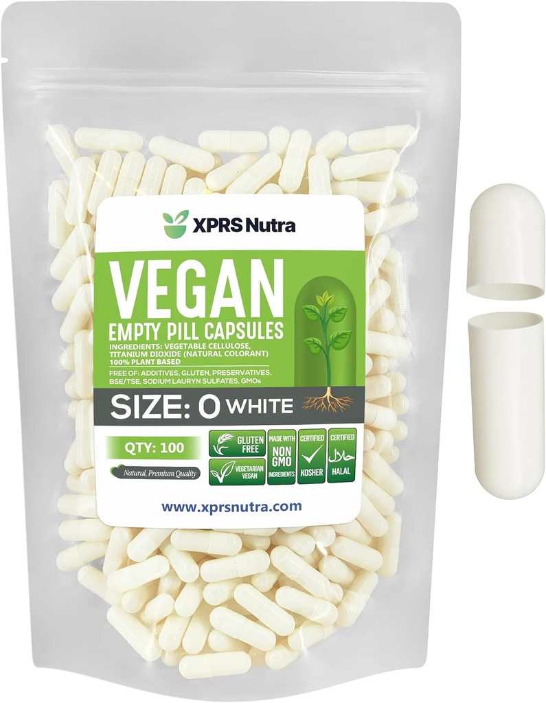 XPRS Nutra Taille 0 Capsules vides - 100 Compte Capsules vides de végétalien - Pilules végétariennes - Bricolage Gélule végétale Remplissage - Bouchons de pilules pour les suppléments Do-It-Youlf (Blanc)