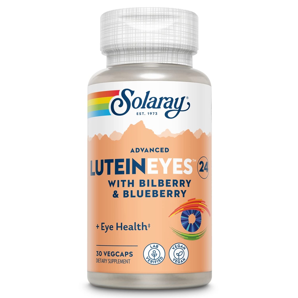 SOLARAY Advanced Lutein Yeux 24mg avec Extrait de Bilberry et Extrait de Blueberry, Supplément de soutien pour la santé oculaire et maculaire fournissant Zeaxanthin de Marigold, Vegan, 30 portions, 30 VegCaps