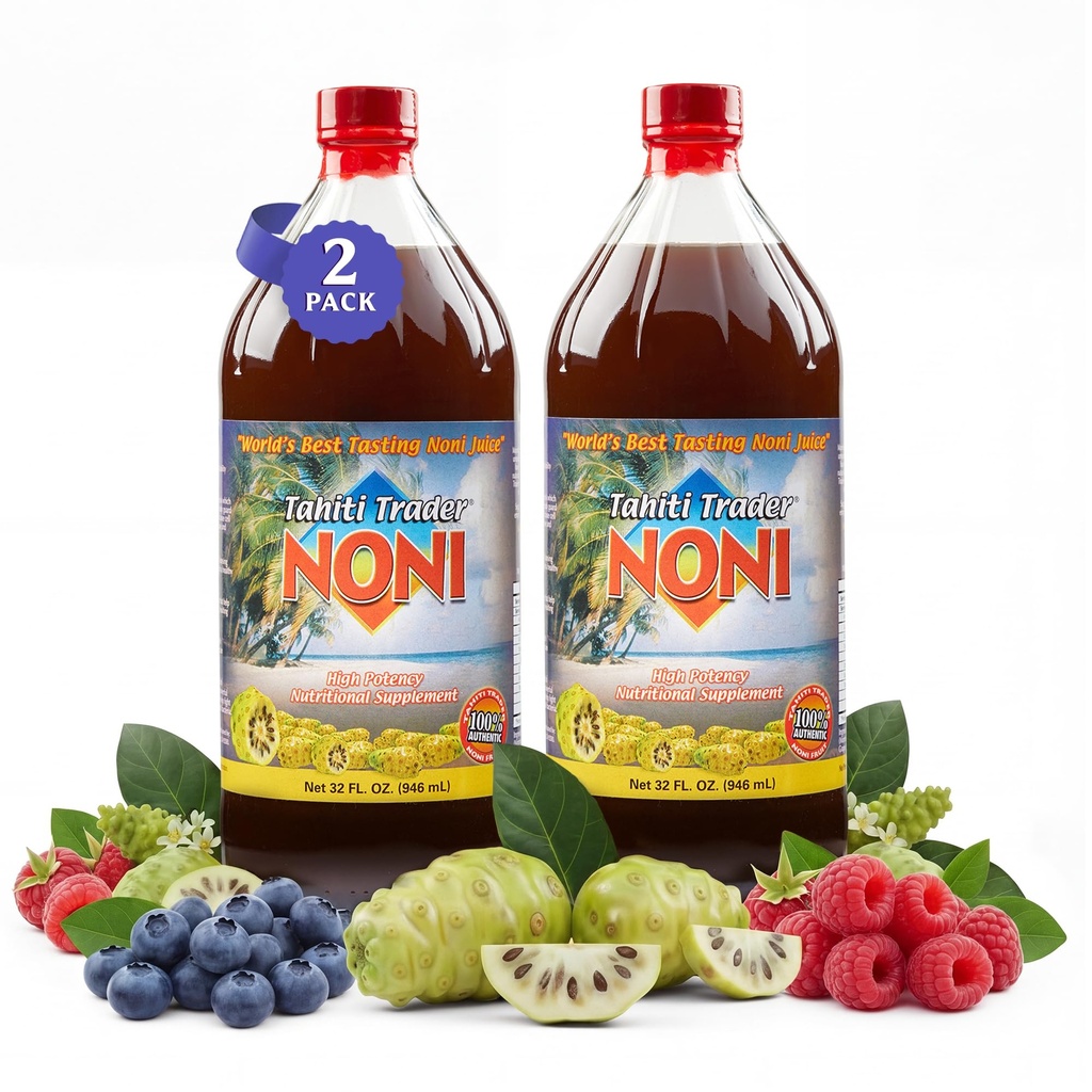 Tahiti Trader Original Jus Noni de haute puissance - Jus de fruits Noni pur avec myrtilles et framboises - Bio Antioxydant Superfood Soutien énergie et santé du corps - (32oz, 2 Pack)