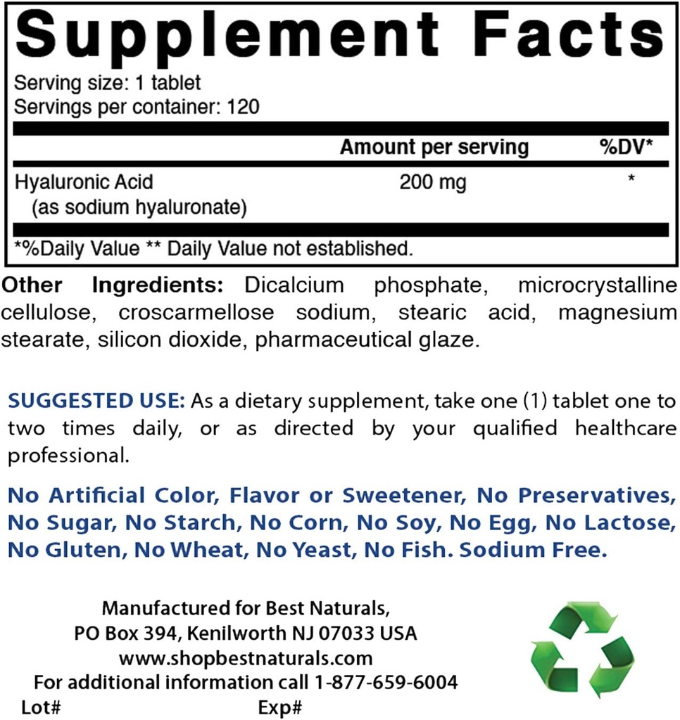 Meilleur Acide Hyaluronique Naturel 200 mg et COQ10 100 mg