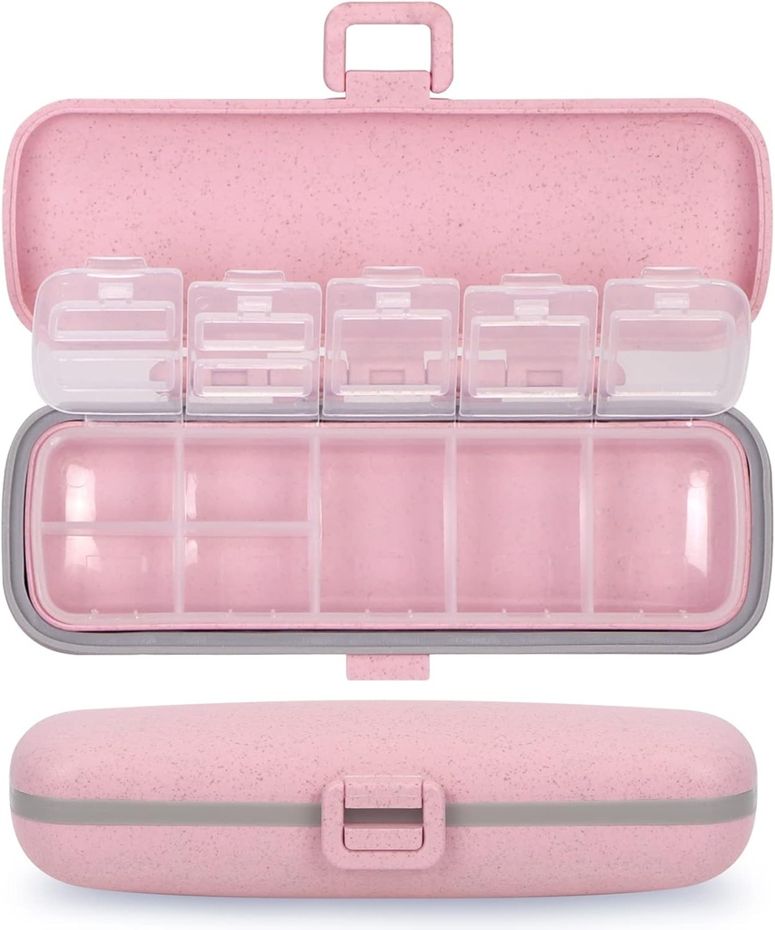Naturetouch Pill Organizer, 7 Compartments Pill Box Portable Travel Medicine Organizer for Purse or Pocket 7 Day Pill Dispenser Storage Case with Lock for Vitamin Medication Fish Oil Supplements Pink