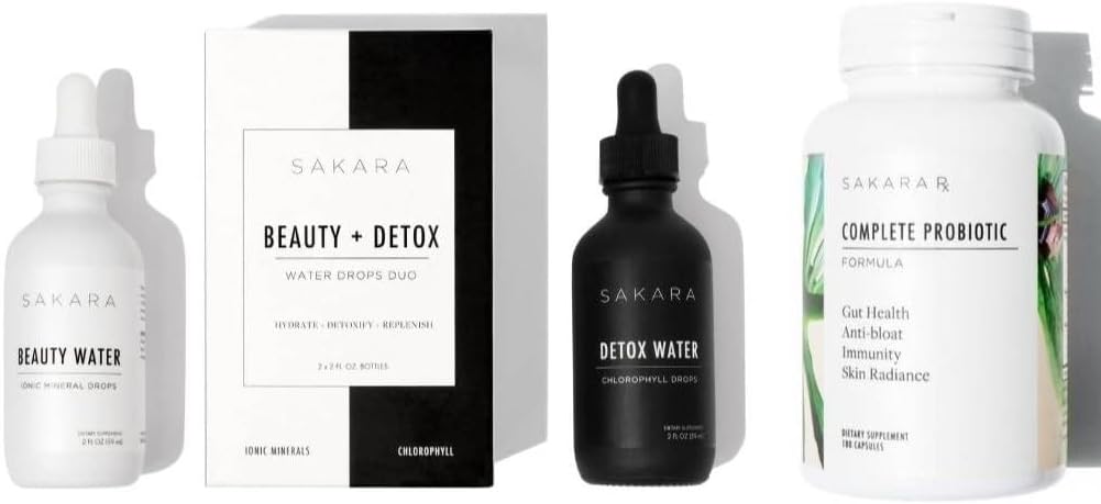 Sakara eau de beauté + gouttes d'eau detox et probiotiques complets - traces de gouttes minérales et gouttes liquides de chlorophylle, probiotiques pour les femmes santé digestive