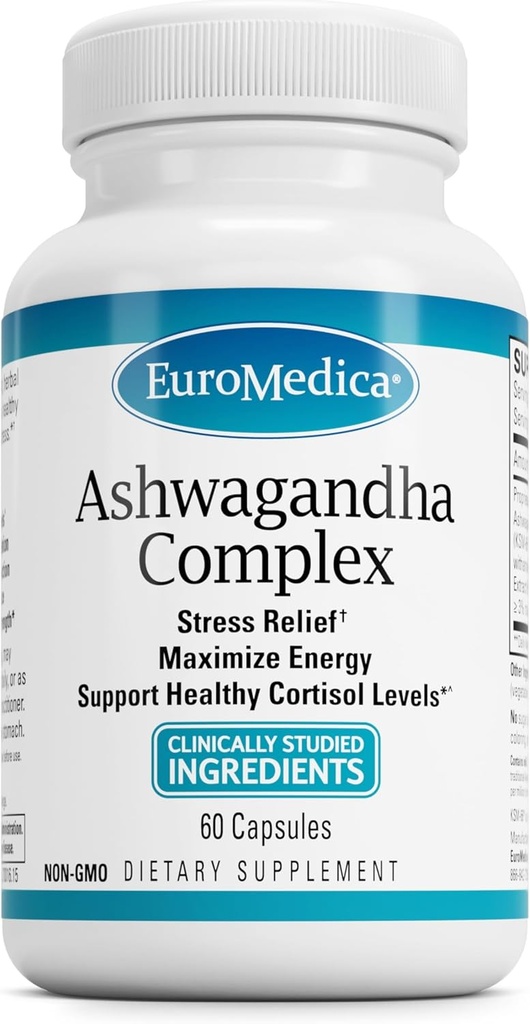 Complexe EuroMedica Ashwagandha - Supplément pour soutenir la santé adrénale - Supplément Ashwagandha avec extrait de Rhodiola Rosea - Supplément à base de plantes pour soutenir l'énergie et la concentration - 60 capsules