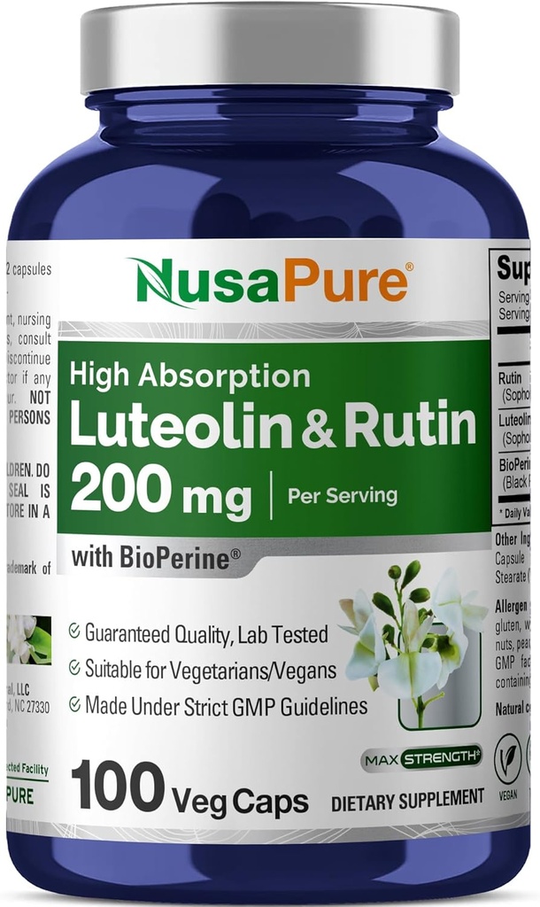 Complexe de lutéoline NusaPure avec Rutin 200 mg de 100 Capsules de formule végétarienne, non-OGM et flavonoïde végétalienne