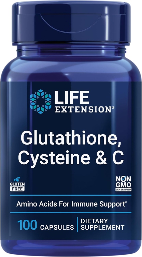 Extension de la durée de vie Glutathion, Cysteine & C, 500 mg de vitamine C, puissant supplément antioxydant pour soutenir la santé du foie, sans gluten, non-OGM, 100 capsules
