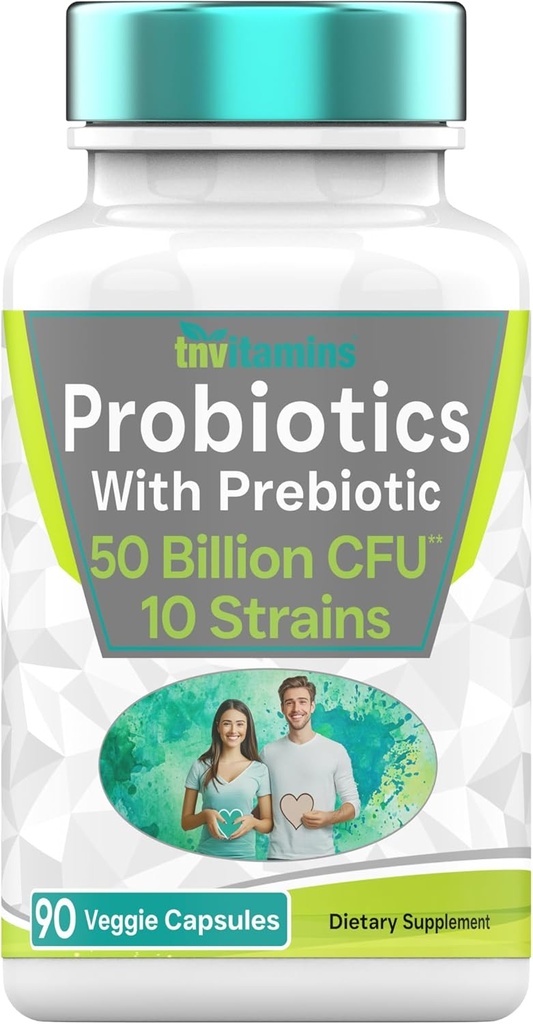 Probiotiques avec Prébiotique: 50 Million CFU - 10 souche - 90 capsules végétariennes avec Acidophilus Probiotique pour la santé digestive, la santé de Gut, et le soutien immunitaire*