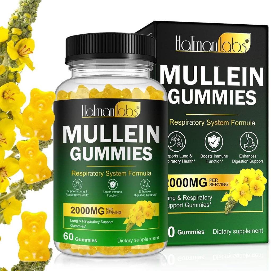 Mullein Gummies for Lung Detox, 2000mg Mullein Leaf Extract for Respirative & Digestive & Immune Support w/Quercetin, Bromelain, Elderberry & Marshmallow, Vegan 120 Gummies (1 bouteille 60 gommes) (1)