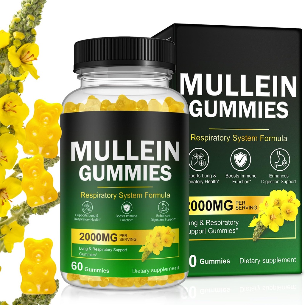 Mullein Gummies for Lung Detox, 2000mg Mullein Leaf Extract for Respirative & Digestive & Immune Support w/Quercetin, Bromelain, Elderberry & Marshmallow, Vegan 120 Gummies (1 bouteille 60 gommes) (1)