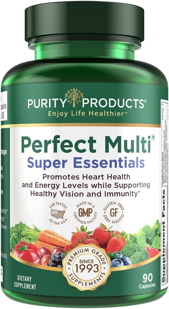 Purity Products Perfect Multi Super Essentials - Multivitamine + Fruits et Légumes + Favorise une vision de jour et de nuit saine avec Lutéine, Zeaxanthin et Extrait de Currant Noir - 90 Capsules