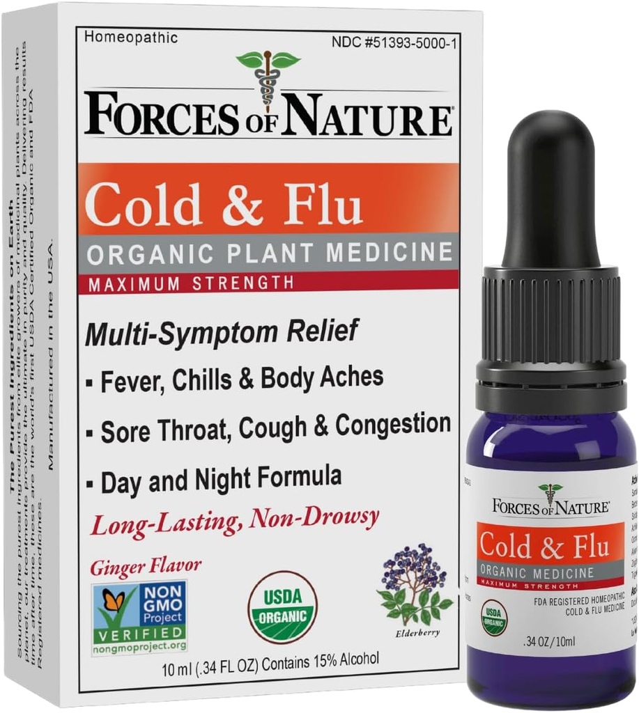 Forces de la nature Relief du froid et de la toux, médecine homéopathique biologique pour la toux, la congestion, les douleurs corporelles, les maux de tête, les frissons et la fatigue, résistance maximale, formule non somnolente, 10ml (0,34 fl oz)