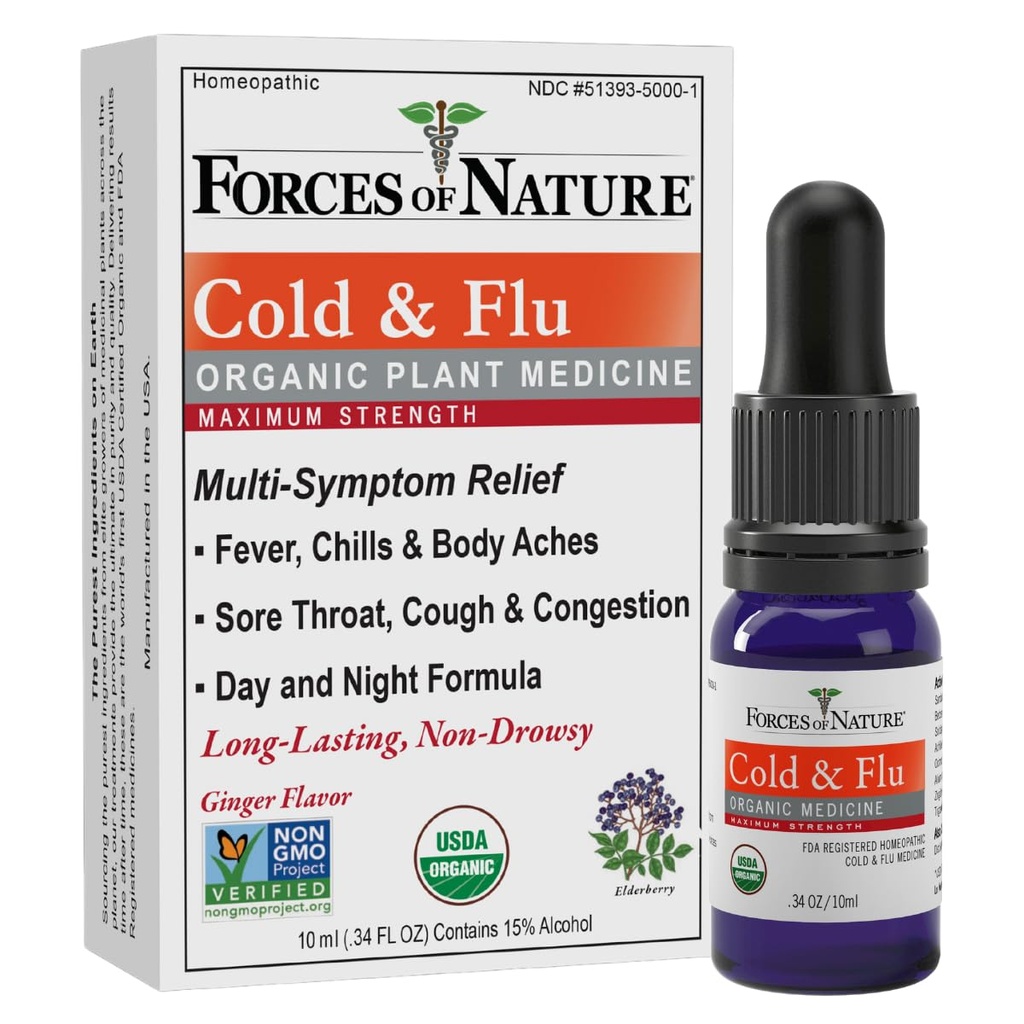 Forces de la nature Relief du froid et de la toux, médecine homéopathique biologique pour la toux, la congestion, les douleurs corporelles, les maux de tête, les frissons et la fatigue, résistance maximale, formule non somnolente, 10ml (0,34 fl oz)
