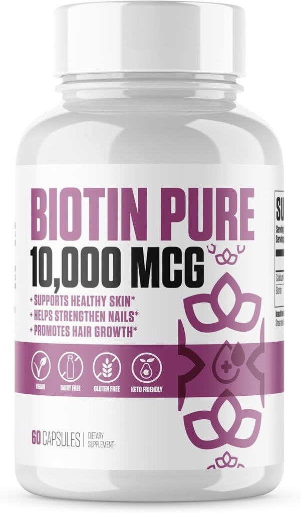 Biotin Pure 10 000 MCG + Calcium #1 Nouveau supplément Max Dose Biotin B7 pilules pour cheveux, peau et ongles plus sains et plus longs