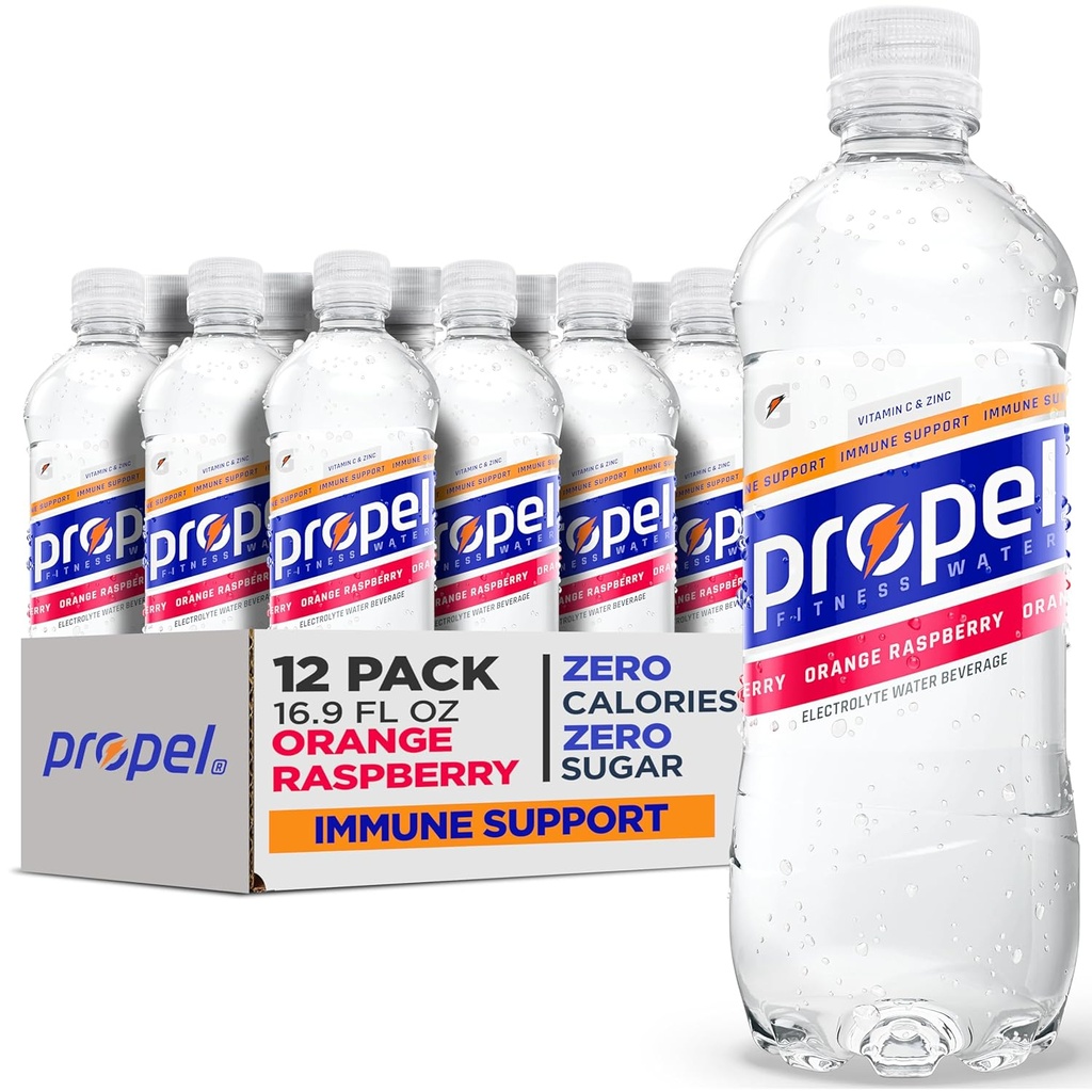 Propel Immune Support Electrolyte Enhanced Water Sports Drink, Orange Raspberry Aromatisé Eau, 100% DV Vitamine C + Zinc, Zero Calorie & Zero Sugar Hydratation avec Electrolytes et Vitamines, 24 fl oz bouteille d'eau (12 Pack)