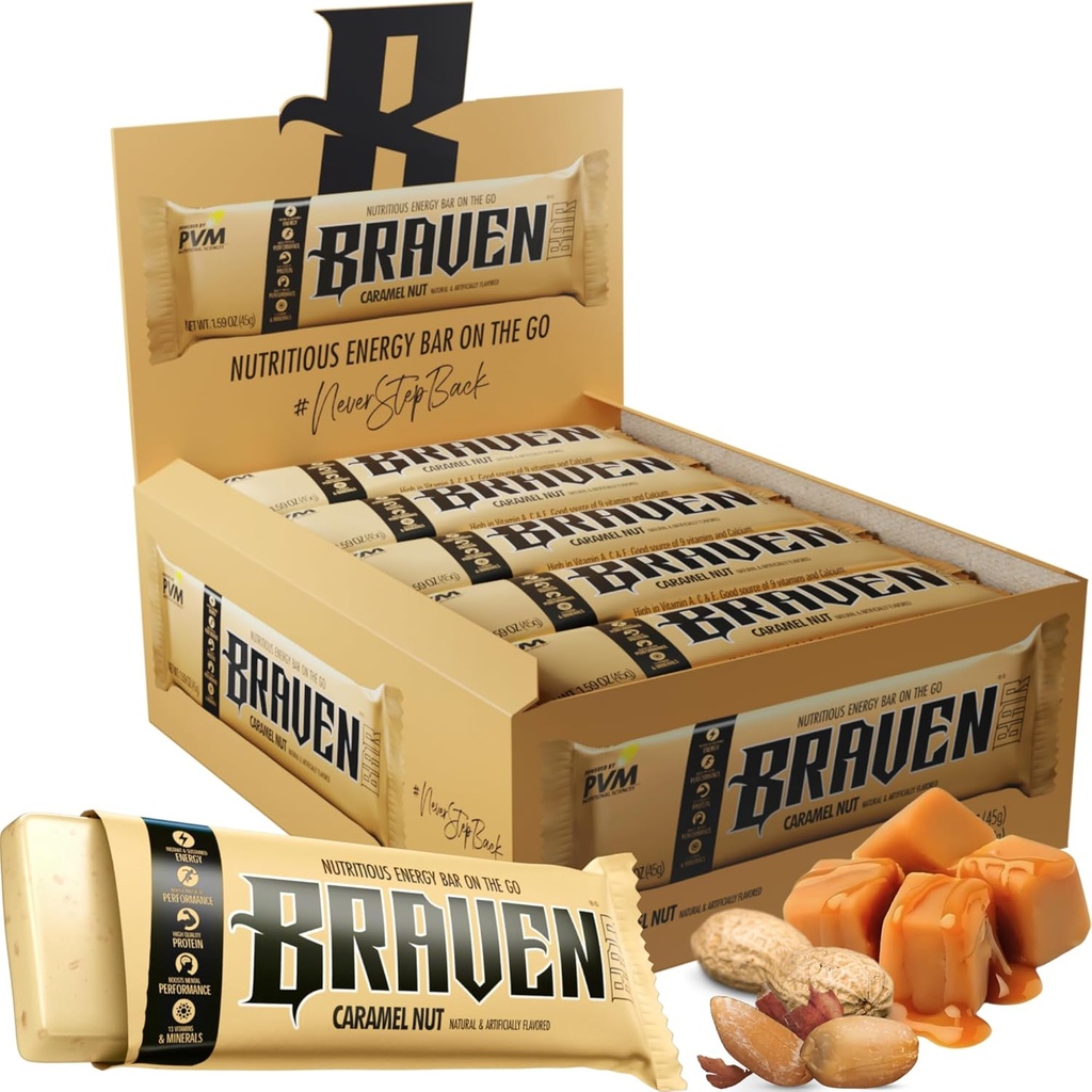Barres d'énergie à noix de caramel de Braven Bar (1,59 oz, paquet de 20) – Bouchées d'énergie avec 5g de protéines – collations d'énergie sur le trajet pour la course, la randonnée et le sport - collations sans gluten pour un renforcement énergétique durable
