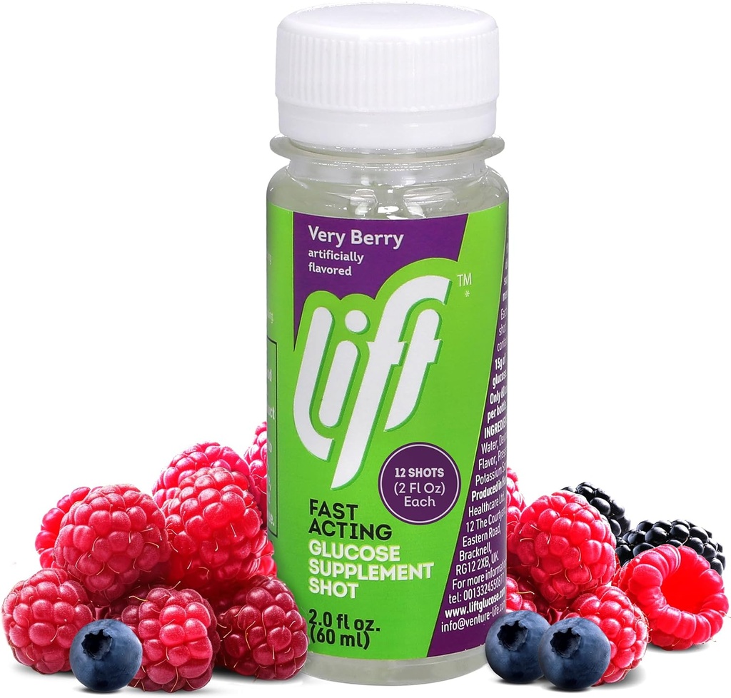 Soulevez le glucose à action rapide Glucose Énergie Juice Shots, Très Berry, Sans caféine, 2.0 fl oz bouteilles (paquet de 12)