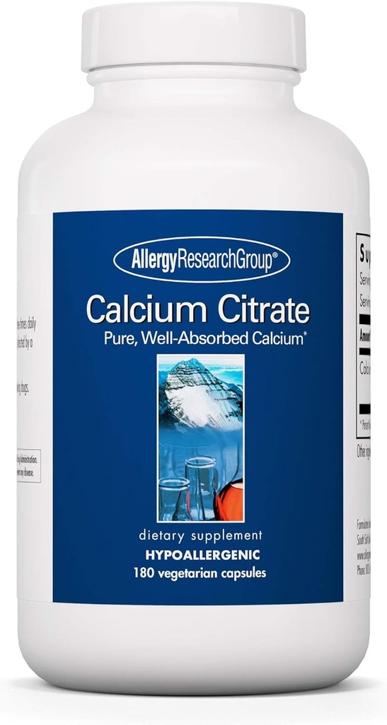 Groupe de recherche sur l'allergie Citrate de calcium - Calcium pur, force osseuse, bien absorbé, supplément de 150 mg, capsules végétariennes - 180 Compte