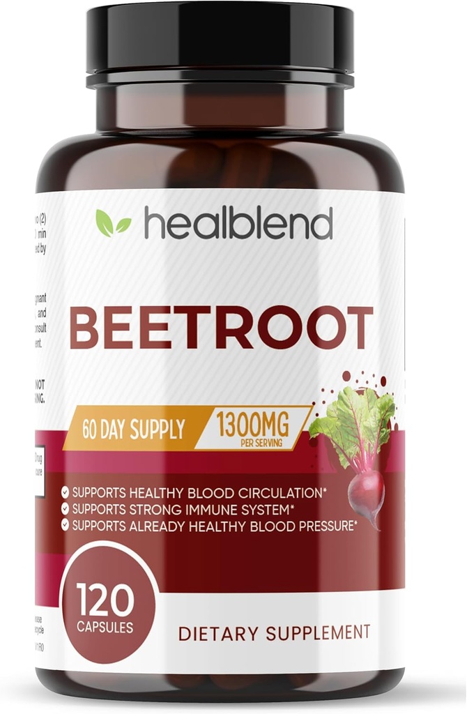 Healbend Organic Beet Root Capsules 1300mg - Nitric Oxide Booster Beets Support Healthy Blood Pressure, Heart Health, Circulation Superfood - 120 Count