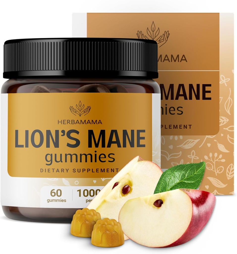 HERBAMAMA Lion's Mane Gummies - 1000mg Lion's Mane Mushroom for Cerveau Clarity Support - Vegan, Supplément Focus non-OGM pour les adultes - 60 Pectines à base de pommes