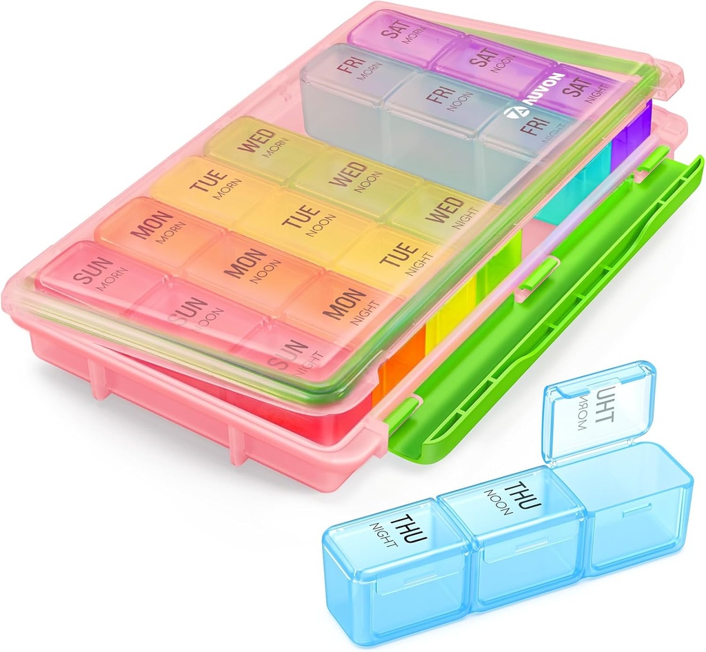 AUVON Weekly Pill Organizer 3 fois par jour avec l'humidité-Proof Design, grande boîte à pilules 7 jours facile à utiliser, cas de pilule portable pour voyager avec double protection, contenants de pilules pour les vitamines, médicaments