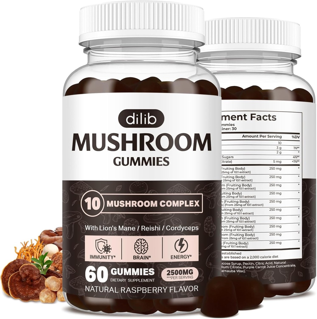 Mushroom Gummies 10 Blend Mushrooms Complex 2500mg with Lions Mane, Cordyceps, Turkey Tail, Chaga, Reishi Supplement-Focus, Clarity, Memory, Energy, Immune Support-60 Gummies