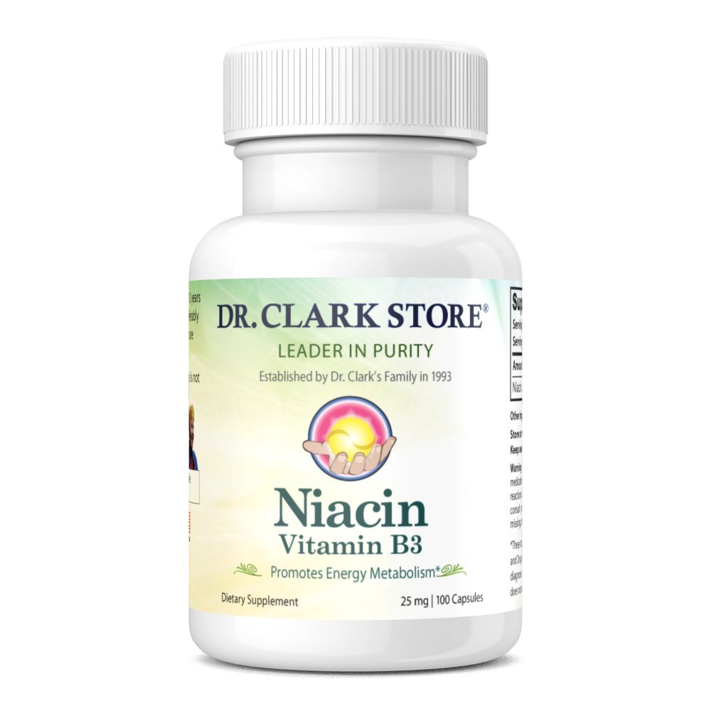 Supplément Dr Clark Niacin (Vitamine B3) – 25mg, 100 Capsules de gélatine, soutient la circulation et les niveaux de cholestérol sains