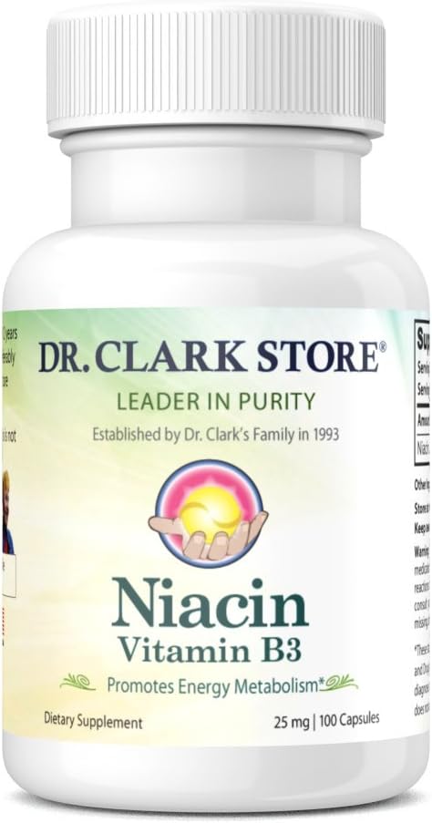 Supplément Dr Clark Niacin (Vitamine B3) – 25mg, 100 Capsules de gélatine, soutient la circulation et les niveaux de cholestérol sains