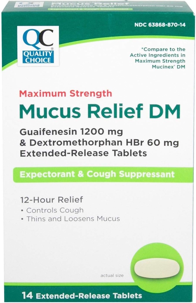 Choix de qualité Soulagement du mucus maximal DM, suppresseur de la toux et expectorant, soulagement de 12 heures, Guaifenesin 1200 mg et dextrométhorphane HBr 60 mg Comprimés à libération prolongée, 14 Nombre
