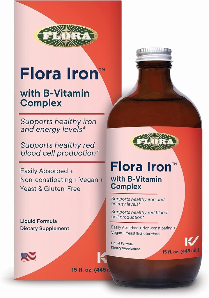 Flora Iron - Supplément en fer liquide végétalien avec des vitamines B - Offre un soutien en matière de globules rouges et d'énergie - Sans levure et sans gluten - Delicious Fruit Juice Base - 15 fl. oz. Bouteille en verre