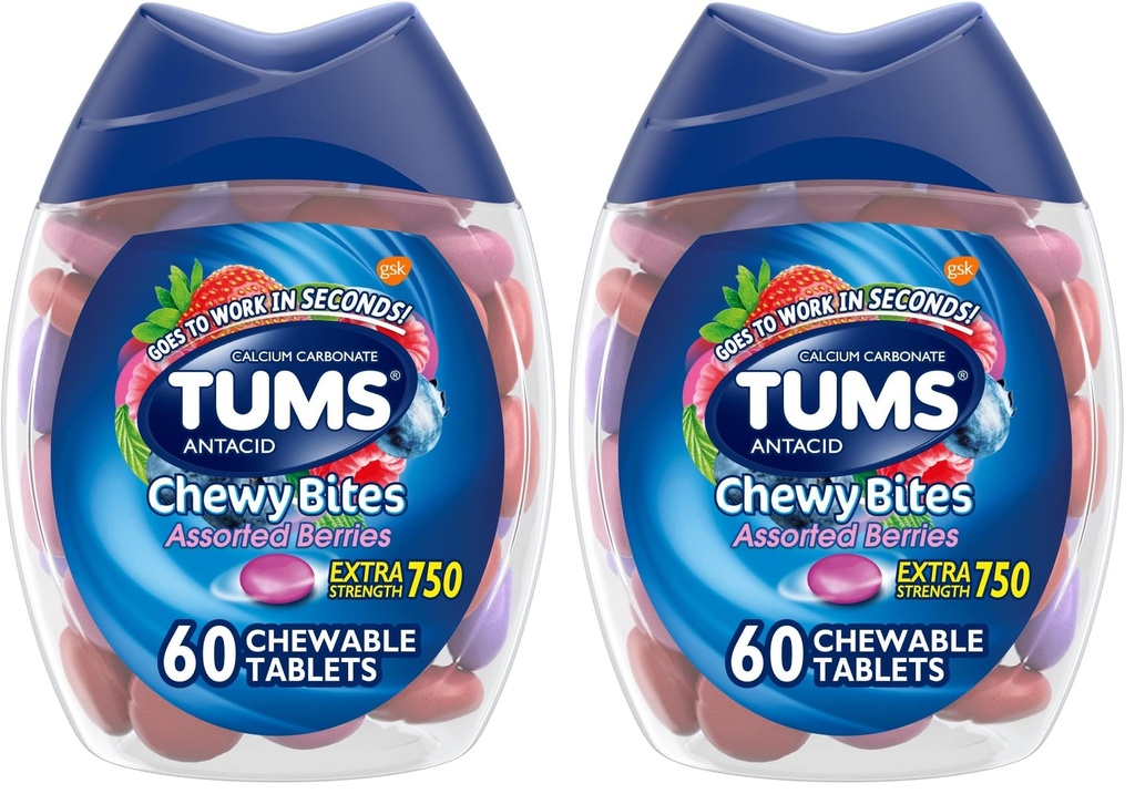 TUMS Chewy Bites Comprimés antiacides pour le soulagement des brûlures d'estomac et le soulagement de l'indigestion acide, baies assorties - 60 Nombre (paquet de 2)