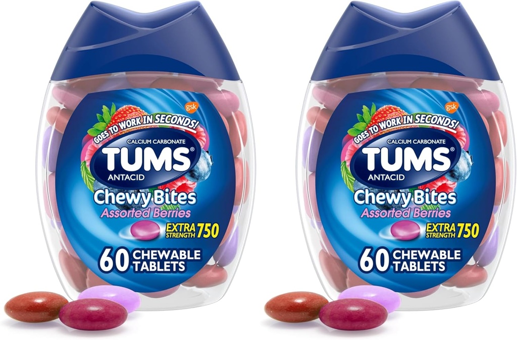 TUMS Chewy Bites Comprimés antiacides pour le soulagement des brûlures d'estomac et le soulagement de l'indigestion acide, baies assorties - 60 Nombre (paquet de 2)