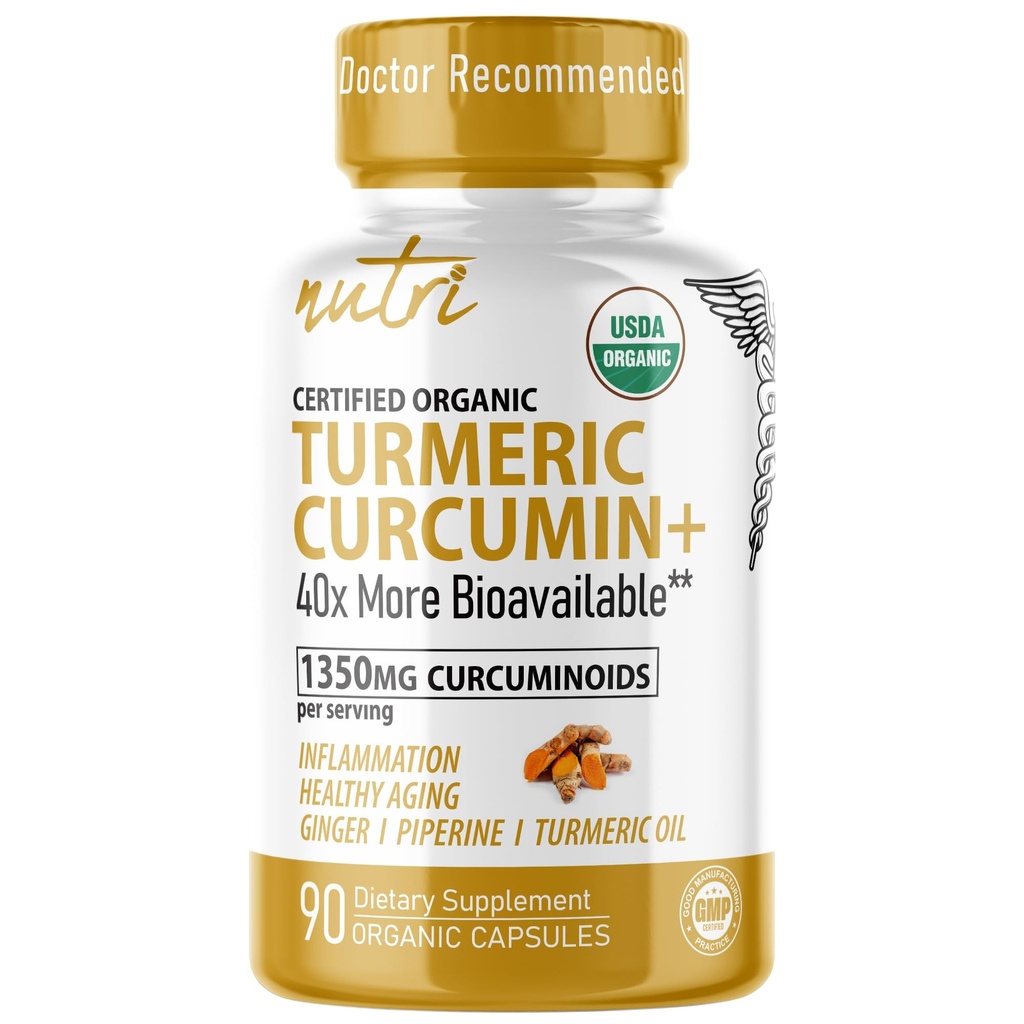 Nature's Fusions Nutri Organic Turmeric Supplément 1425mg - 40x Plus Biodisponible - 95% Curcuminoïdes - Curcumine avec poivre noir, gingembre et huile curcuma - Supplément