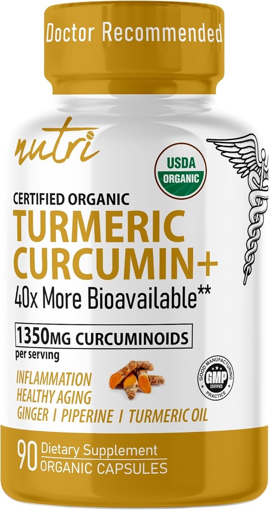 Nature's Fusions Nutri Organic Turmeric Supplément 1425mg - 40x Plus Biodisponible - 95% Curcuminoïdes - Curcumine avec poivre noir, gingembre et huile curcuma - Supplément