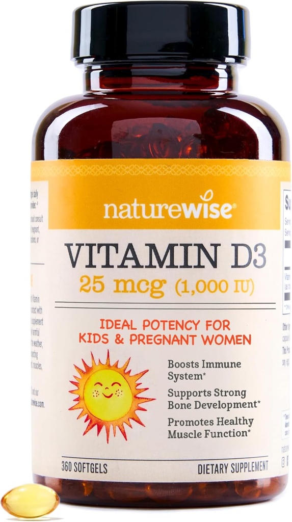 NatureWise Vitamine D3 1000iu (25 mcg) 1 an d'approvisionnement pour le soutien immunitaire, la fonction musculaire saine et la santé des os - Non-OGM, sans gluten dans l'huile d'olive vierge extra biologique, (Mini Softgel), 360 Nombre