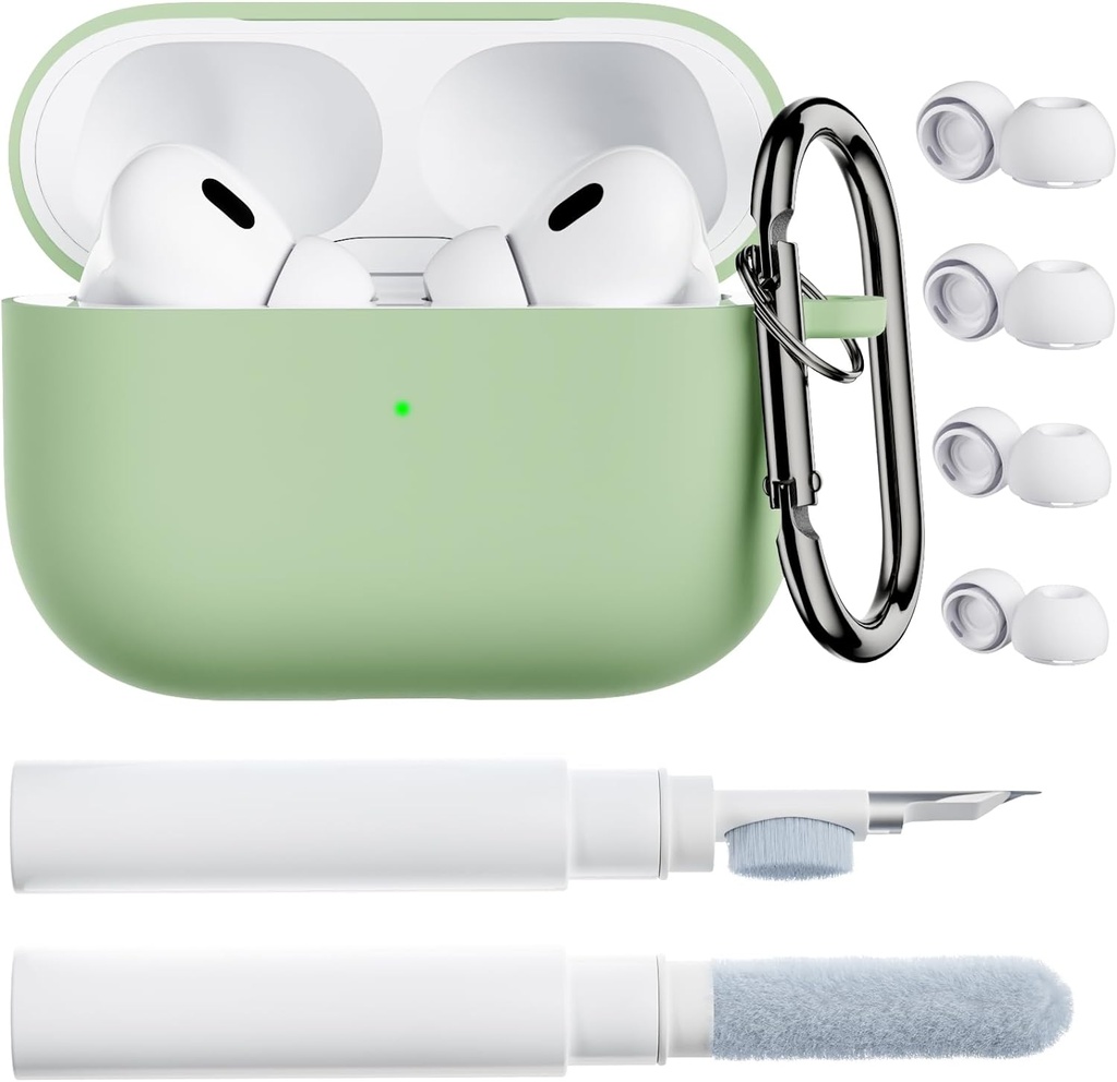 ORNARTO pour boîtier AirPods Pro 2, compatible avec AirPods Pro 1ère/2ème génération, housse en silicone souple avec kit nettoyant, protecteur Eartips & porte-clés-Pistachio