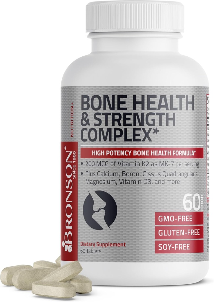 Bronson Bone Health & Strength Complex* Formule de haute puissance 200 MCG de vitamine K2 comme MK7, Plus Calcium, Boron, Cisus Quadrangularis, Magnésium, Vitamine D3, et plus - Non-OGM, 60 comprimés