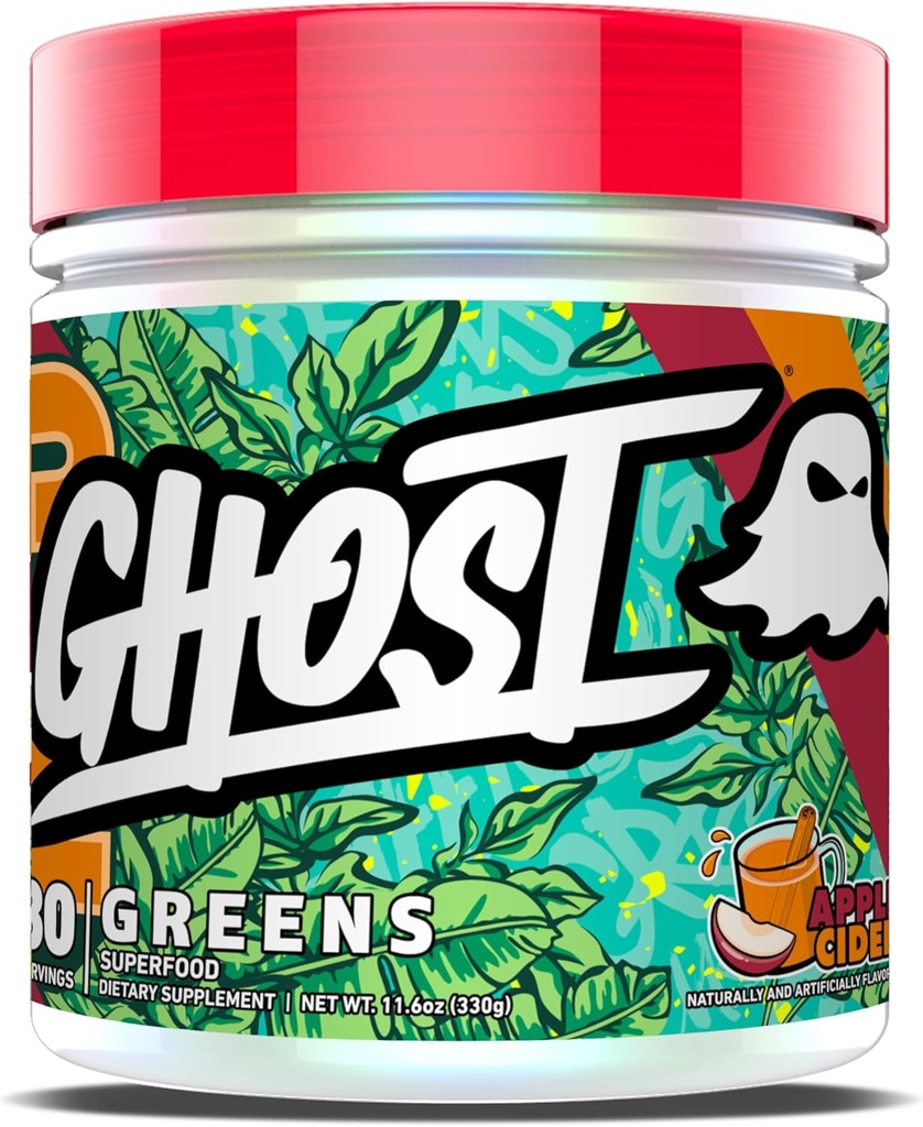 GHOST Greens Poudre, cidre de pomme - 30 portions - 19 poudre, fruits, légumes, spiruline et chlorella, prébiotiques, 10 milliards d'UFC enzymes probiotiques et digestifs - sans gluten