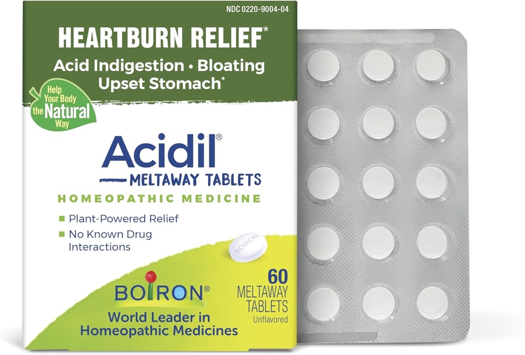 Boiron Acidil pour soulager le reflux acide, les brûlures d'estomac, l'indigestion et l'estomac relevé - 60 Compte