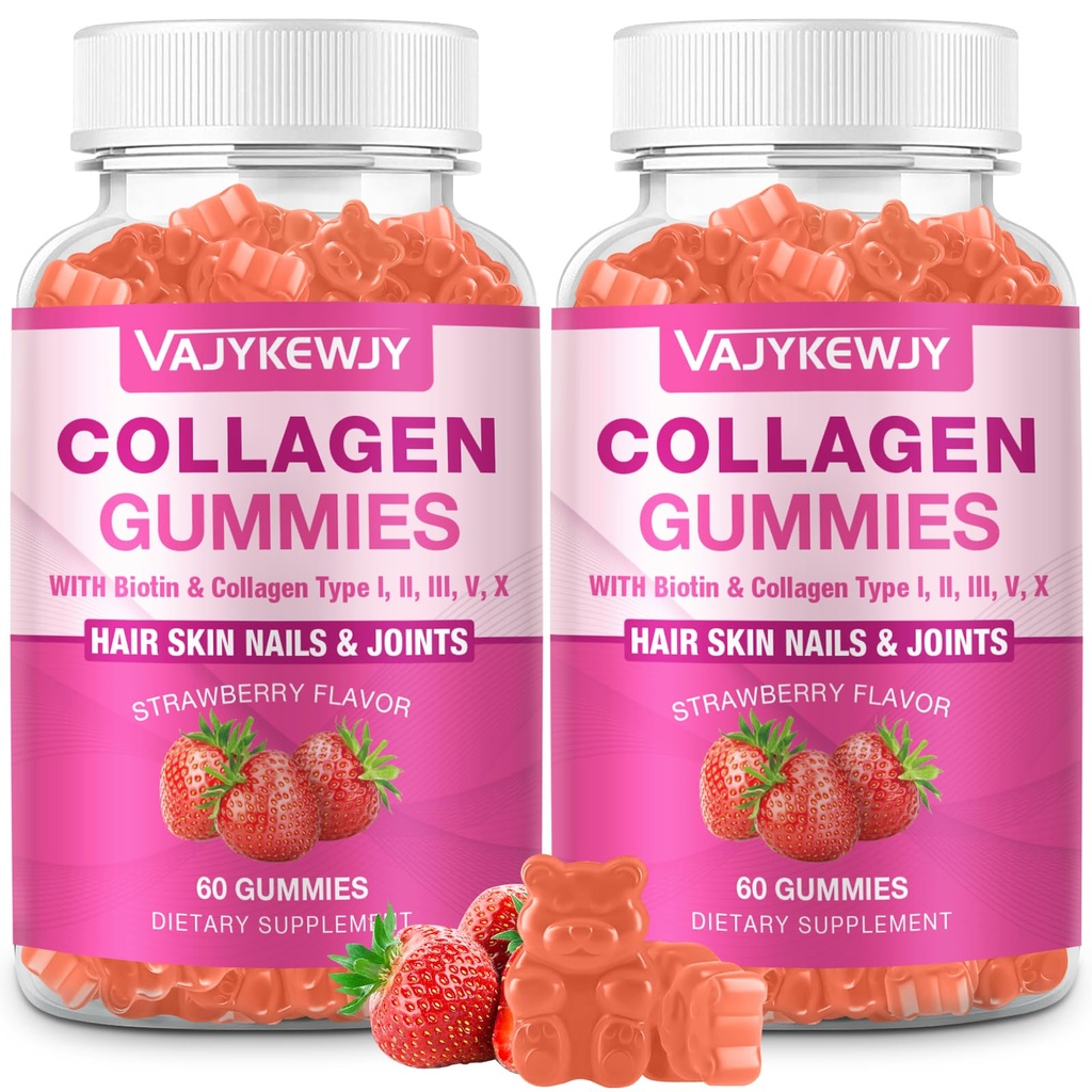 Gommies de collagène 2 paquets pour les femmes et les hommes - avec biotine, vitamine C, et zinc pour la radiance cutanée, la croissance des cheveux, les ongles forts et le soutien articulaire, 120 comte