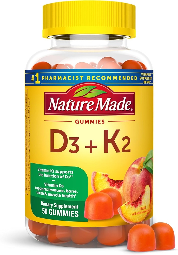 Nature Made Vitamin D3 K2 Gummies, Vitamin D 5000 IU Per Serving for Bone, Teeth, Muscle and Immune Support, 50 Gummy Vitamins, 25 Day Supply