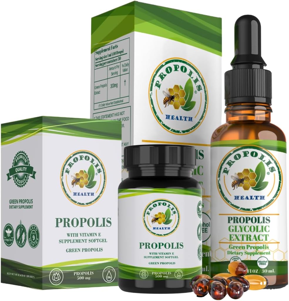Propolis Health Premium Brésilian Green Propolis Bundle: 1000mg Capsules avec vitamine E et extrait de propolis vert liquide - 50 jours Capsule et 30 jours d'approvisionnement liquide pour le soutien immunitaire